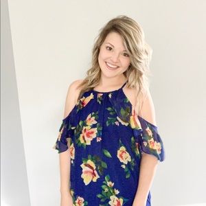 Spaghetti Strap Cold Shoulders Blue Floral Dress